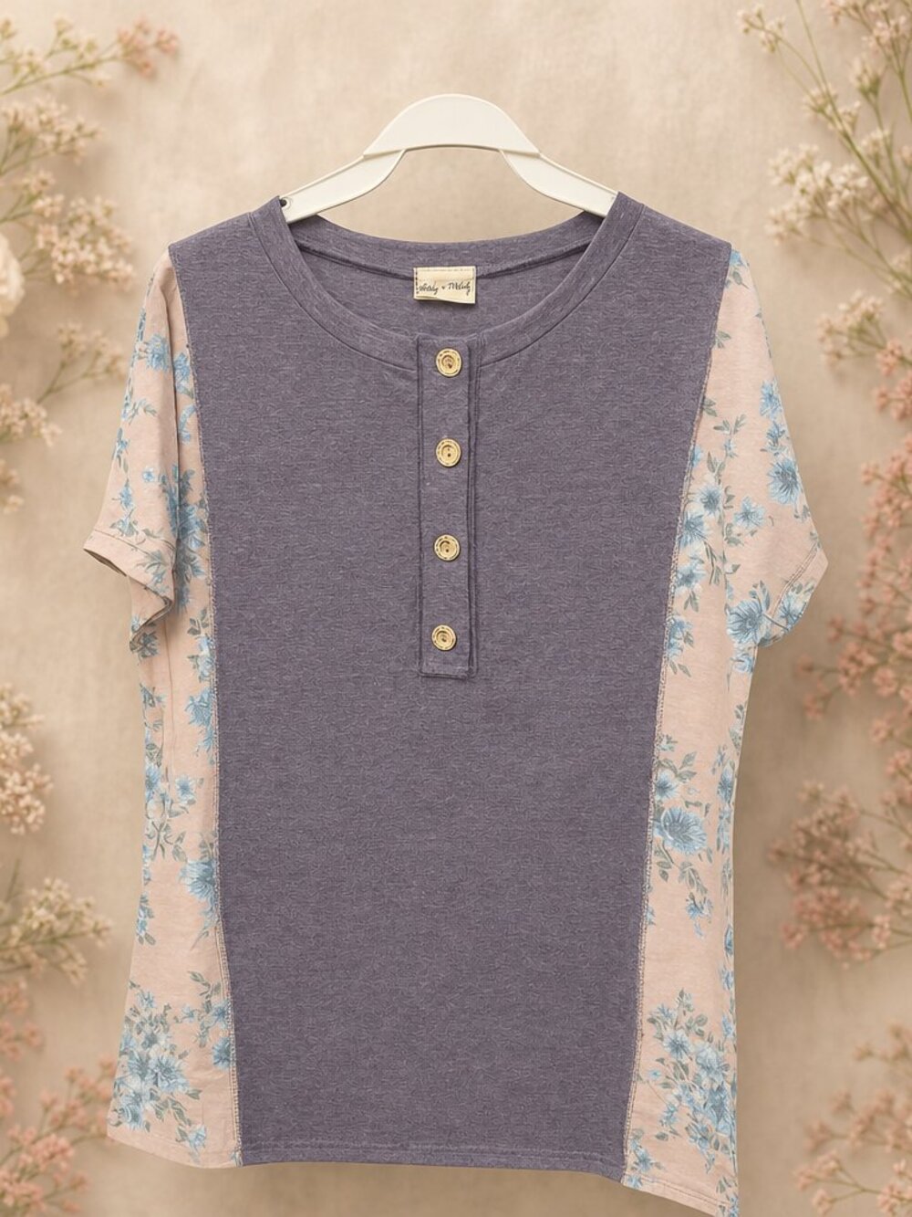 Lovely Melody Floral & Solid Button Front Top – Made in USA
